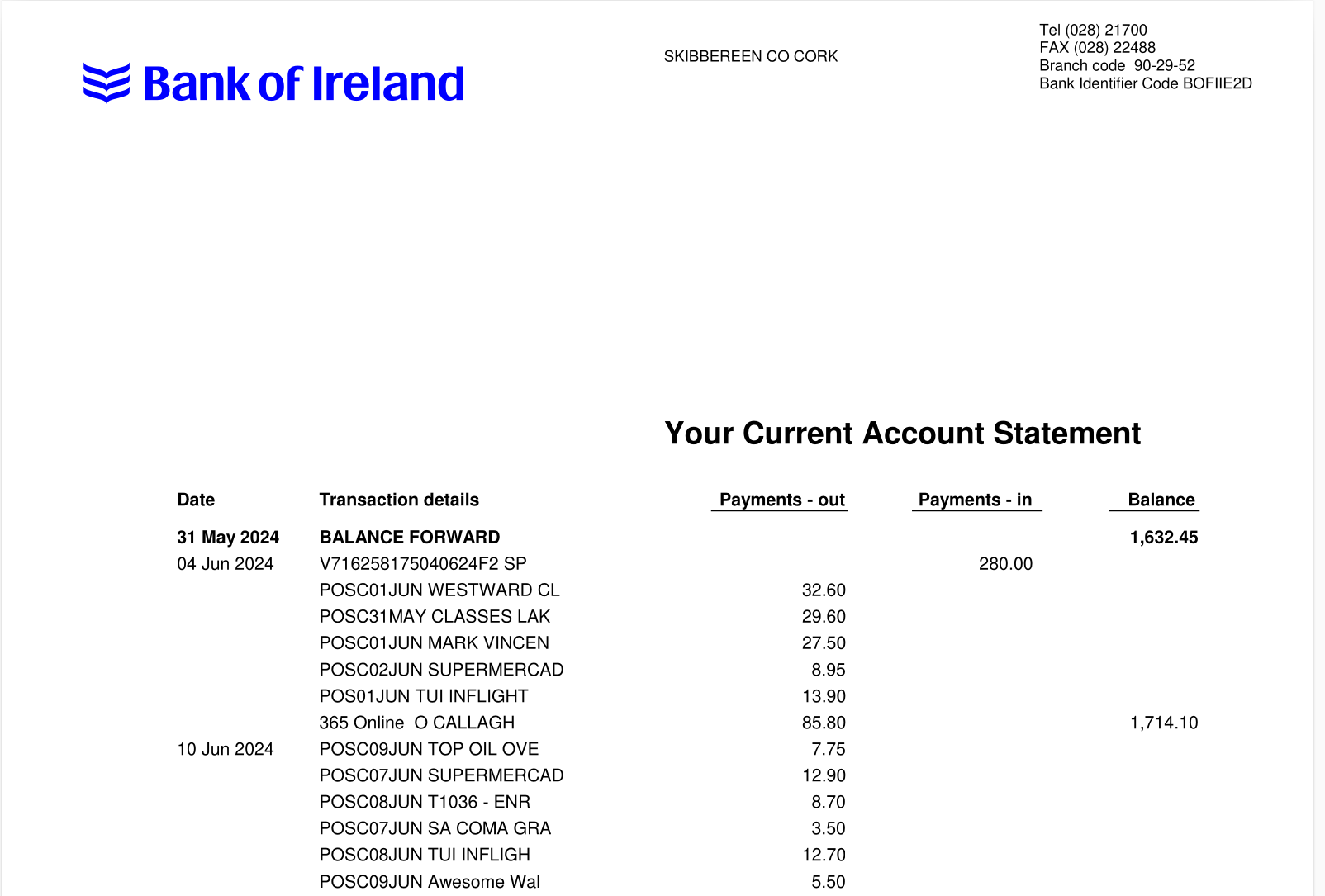 BOI Bank Statement