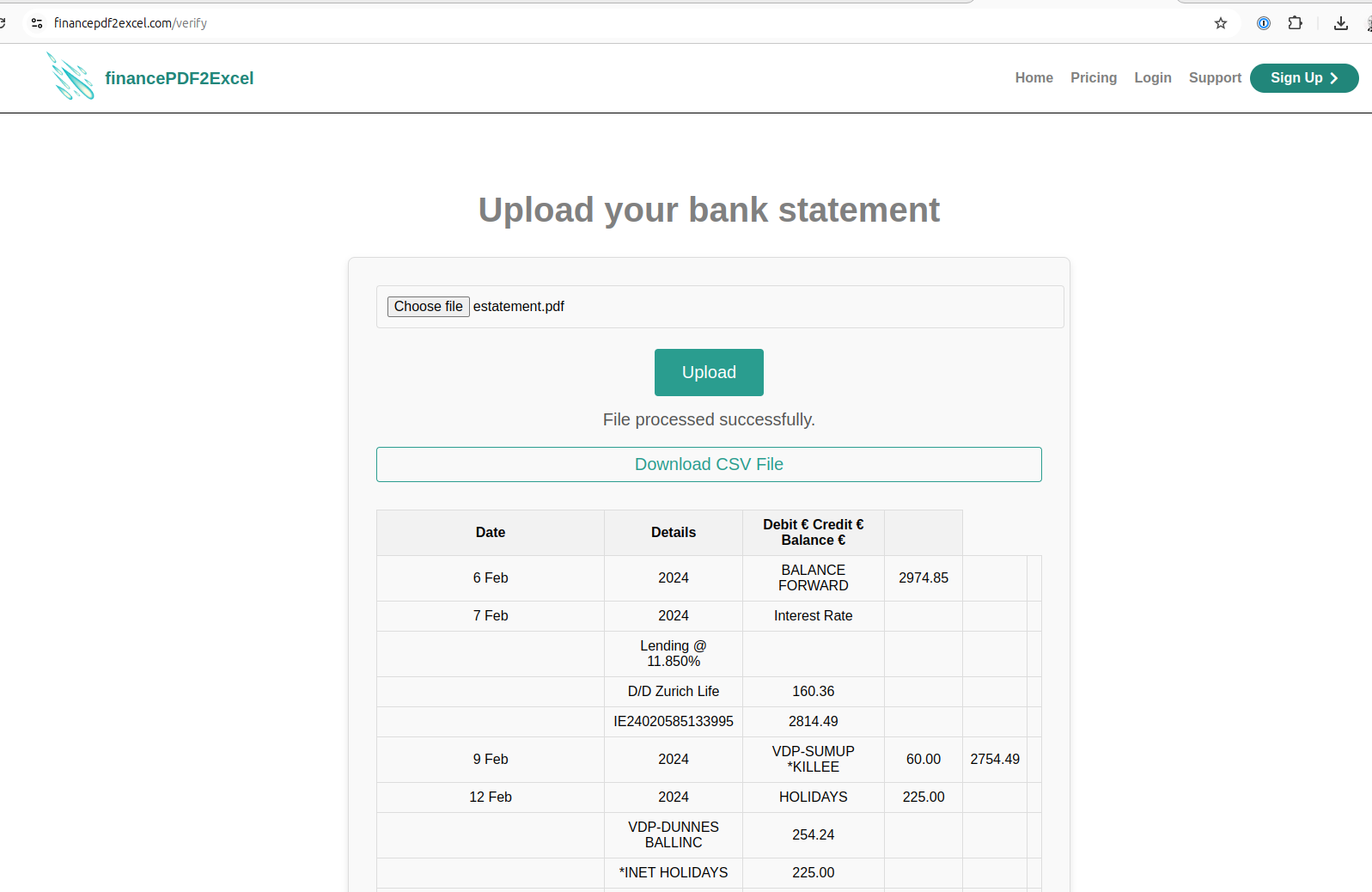 AIB Bank Statement converted to Excel