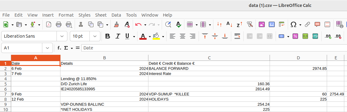 AIB Bank Statement converted to Excel