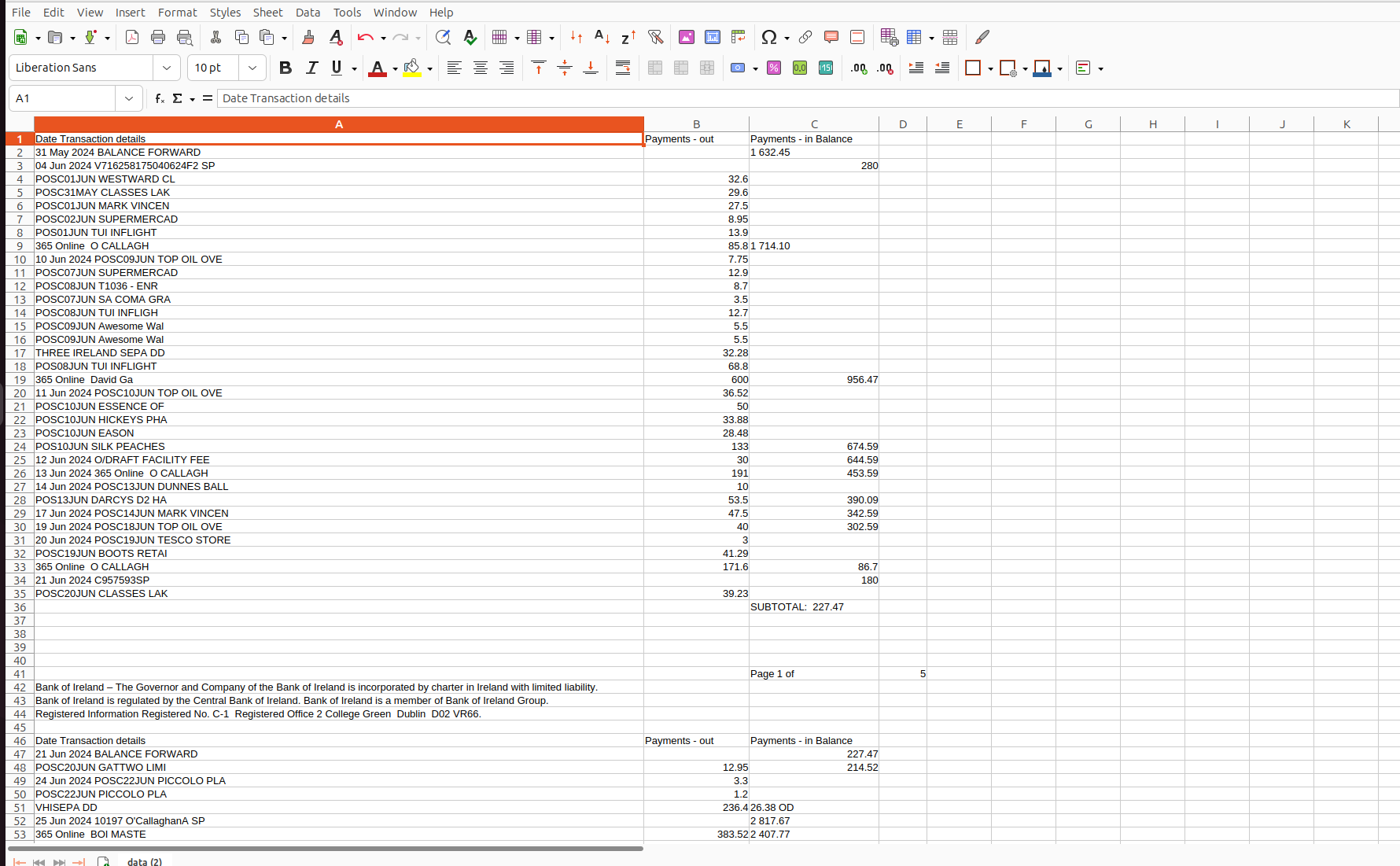 BOI Bank Statement converted to Excel