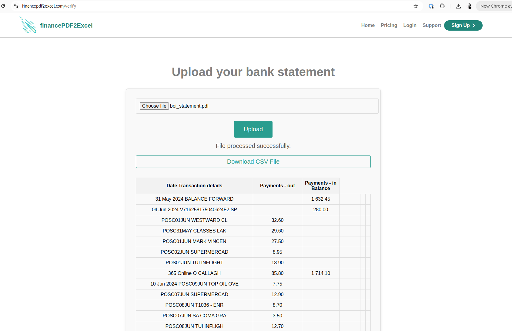 BOI Bank Statement converted to Excel